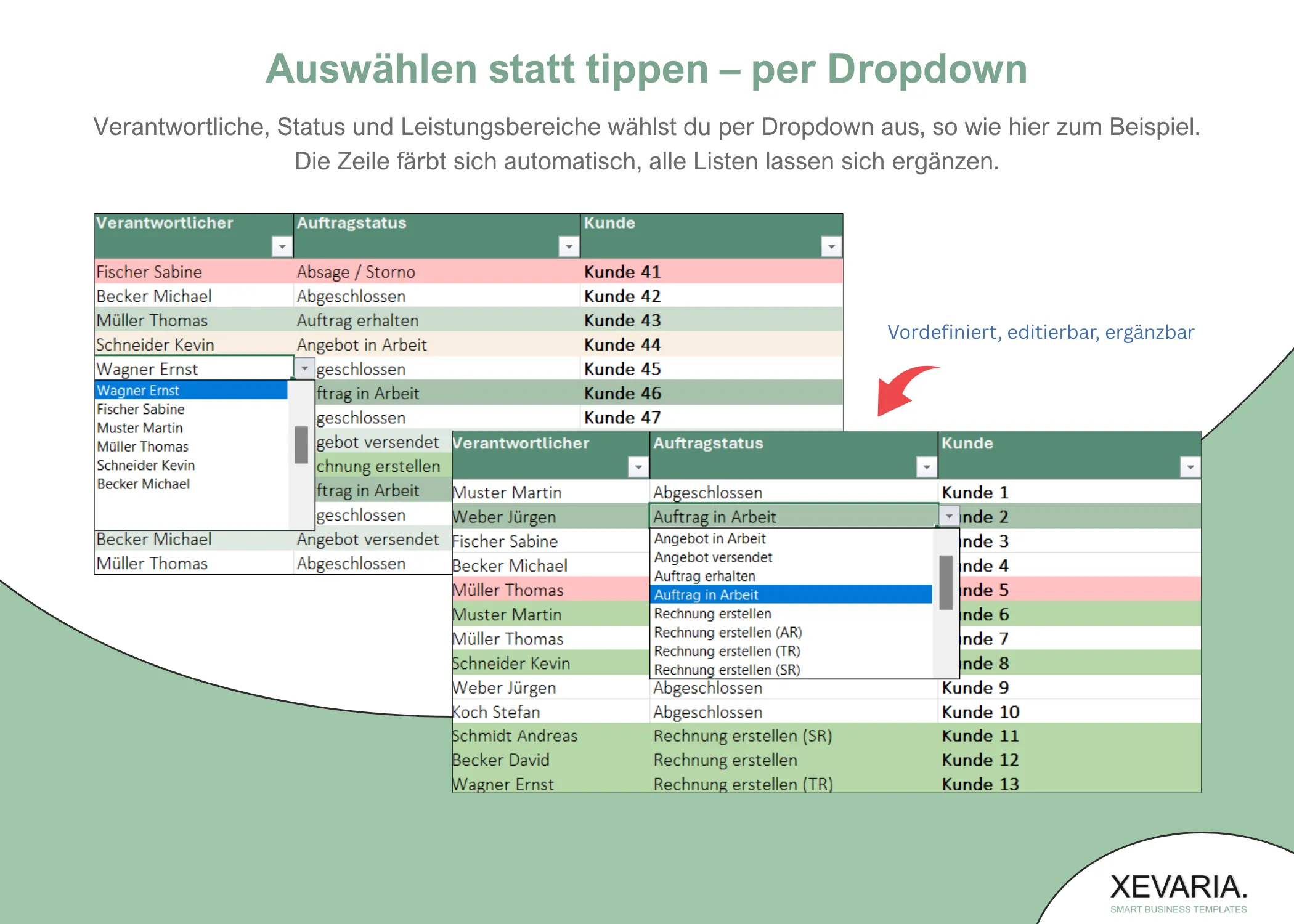 Angebots- und Auftragsverwaltung Excel: Dropdown-Listen für Verantwortliche und Auftragsstatus, Zeilen färben sich