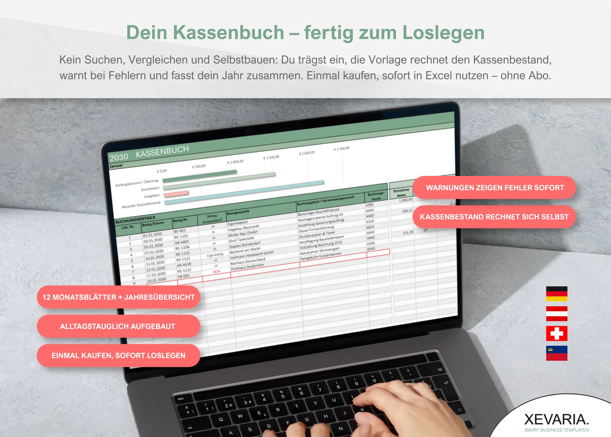 Kassabuch und Kassenbuch Excel kaufen – Länderversionen für Deutschland, Österreich, Schweiz und Liechtenstein