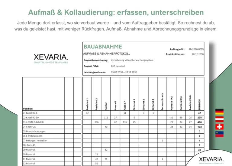 Aufmaß & Kollaudierung Vorlage Excel im Hochformat – Aufmaßblatt mit Mengen je Position, Summen und Kopfdaten