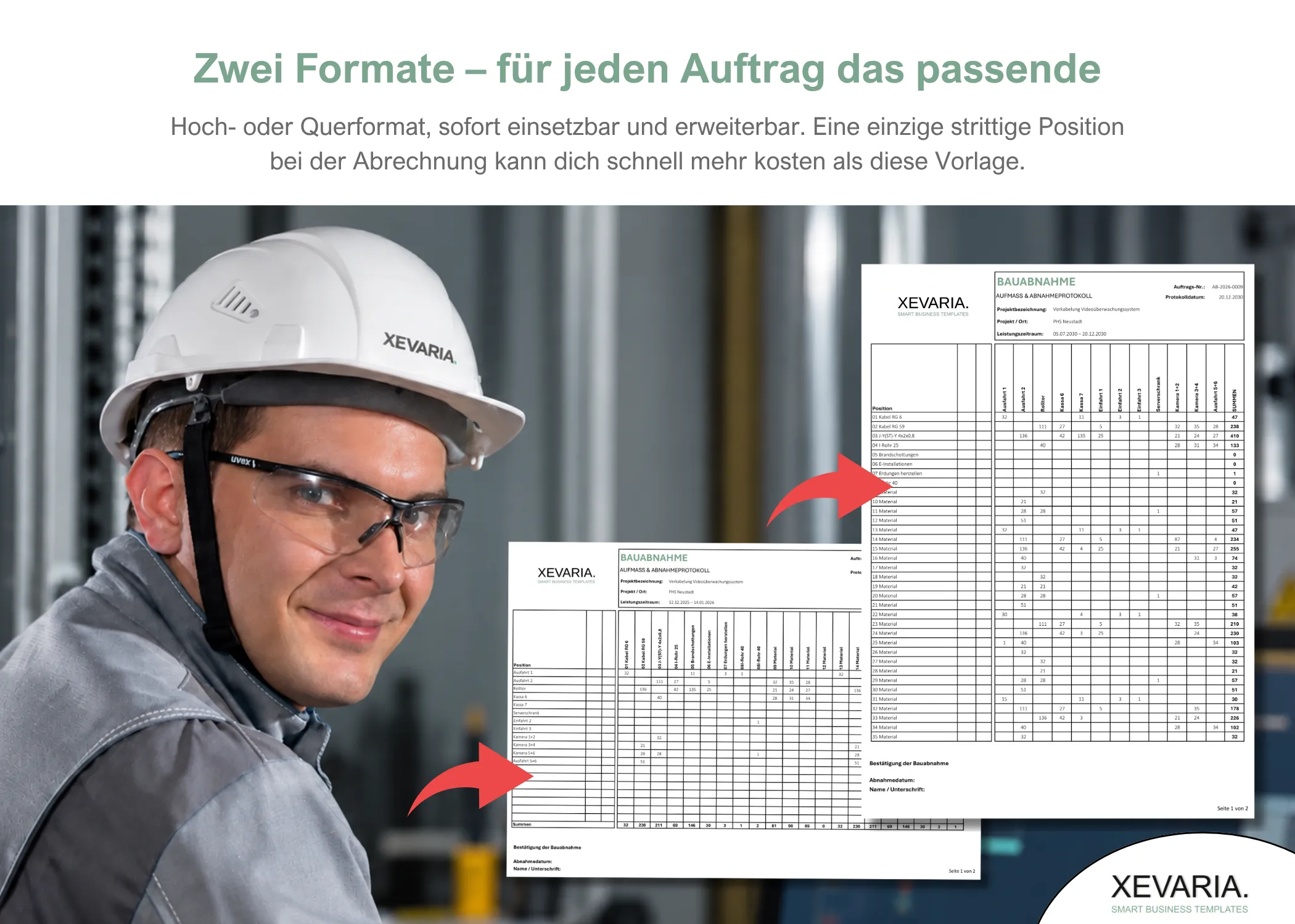 Bauabnahmeprotokoll Excel – Aufmaß & Kollaudierung Vorlage in Hochformat und Querformat, beide inklusive