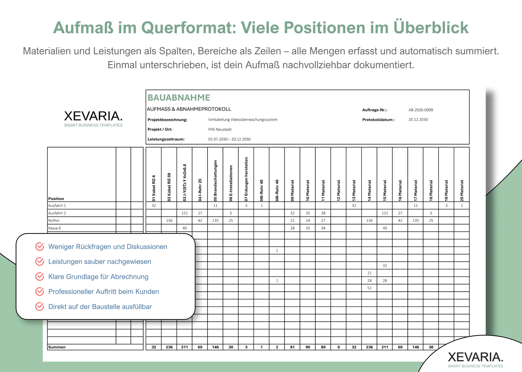 Mengenermittlung Excel im Querformat – Aufmaß & Kollaudierung Vorlage mit Positionen als Spalten, Summenzeile