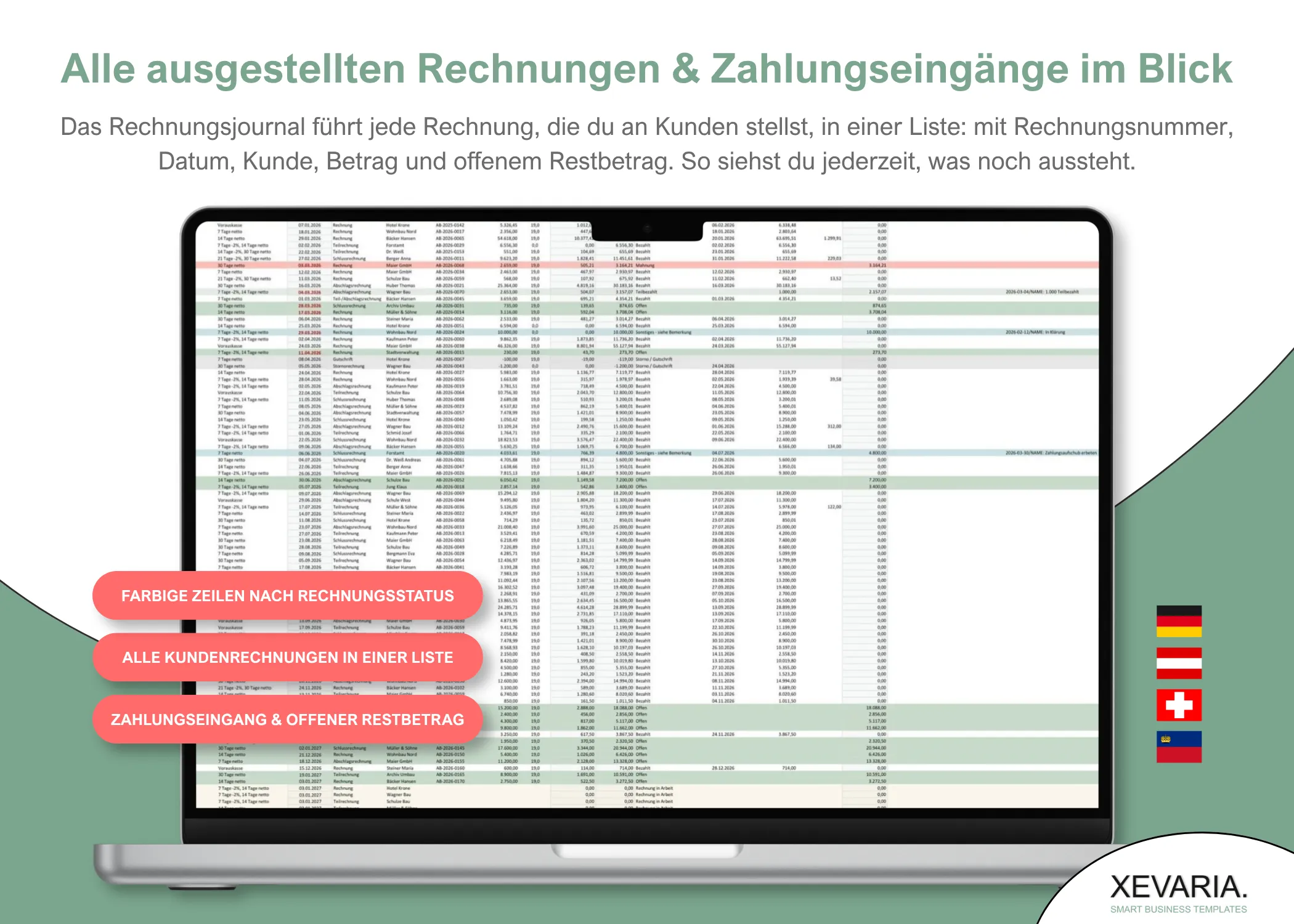 Ausgangsrechnungen Excel Liste: alle an Kunden gestellten Rechnungen mit Zahlungseingang und Restbetrag
