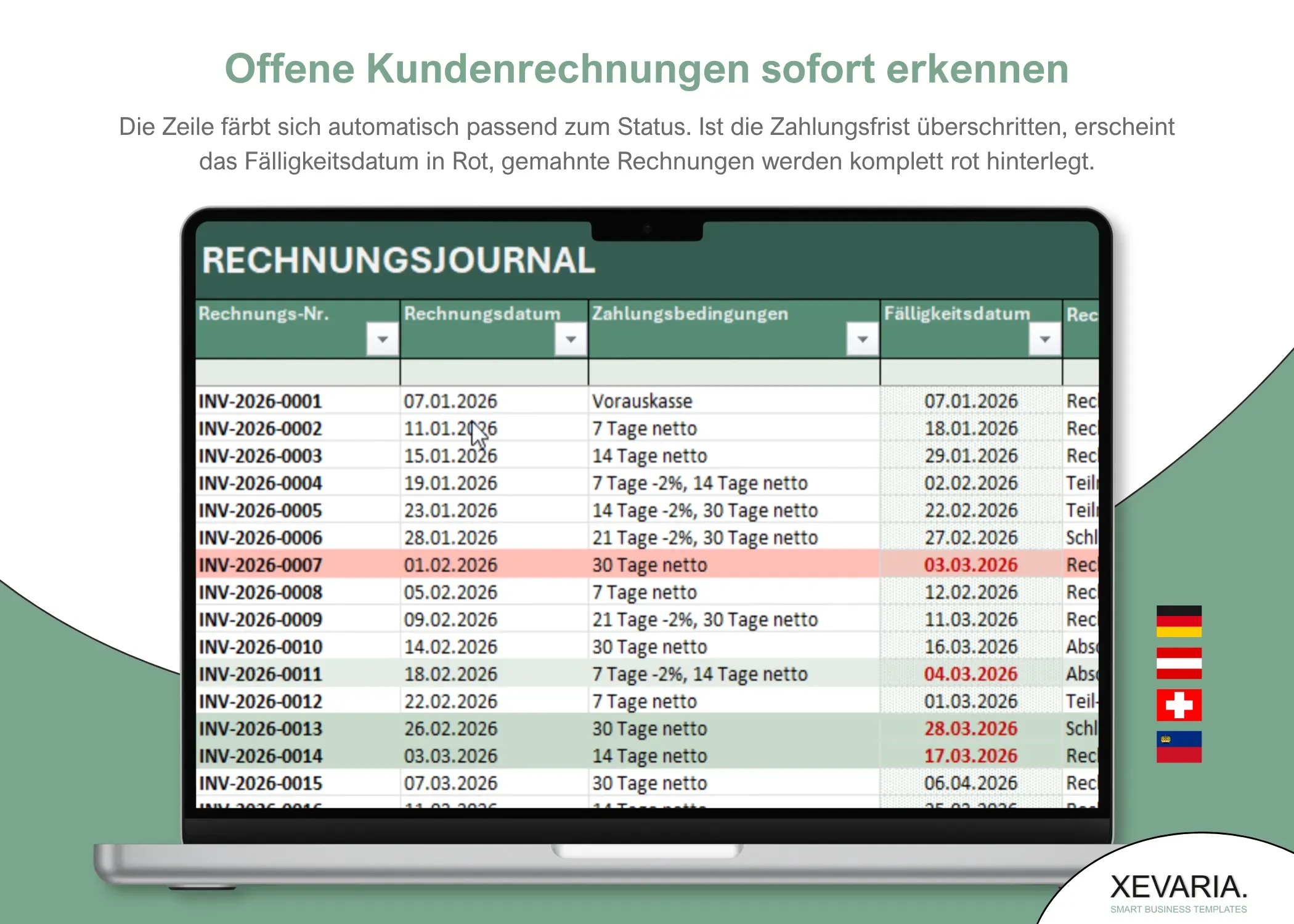 Überfällige Rechnungen in Excel erkennen: rotes Fälligkeitsdatum und rot hinterlegte Mahnung im Rechnungsjournal