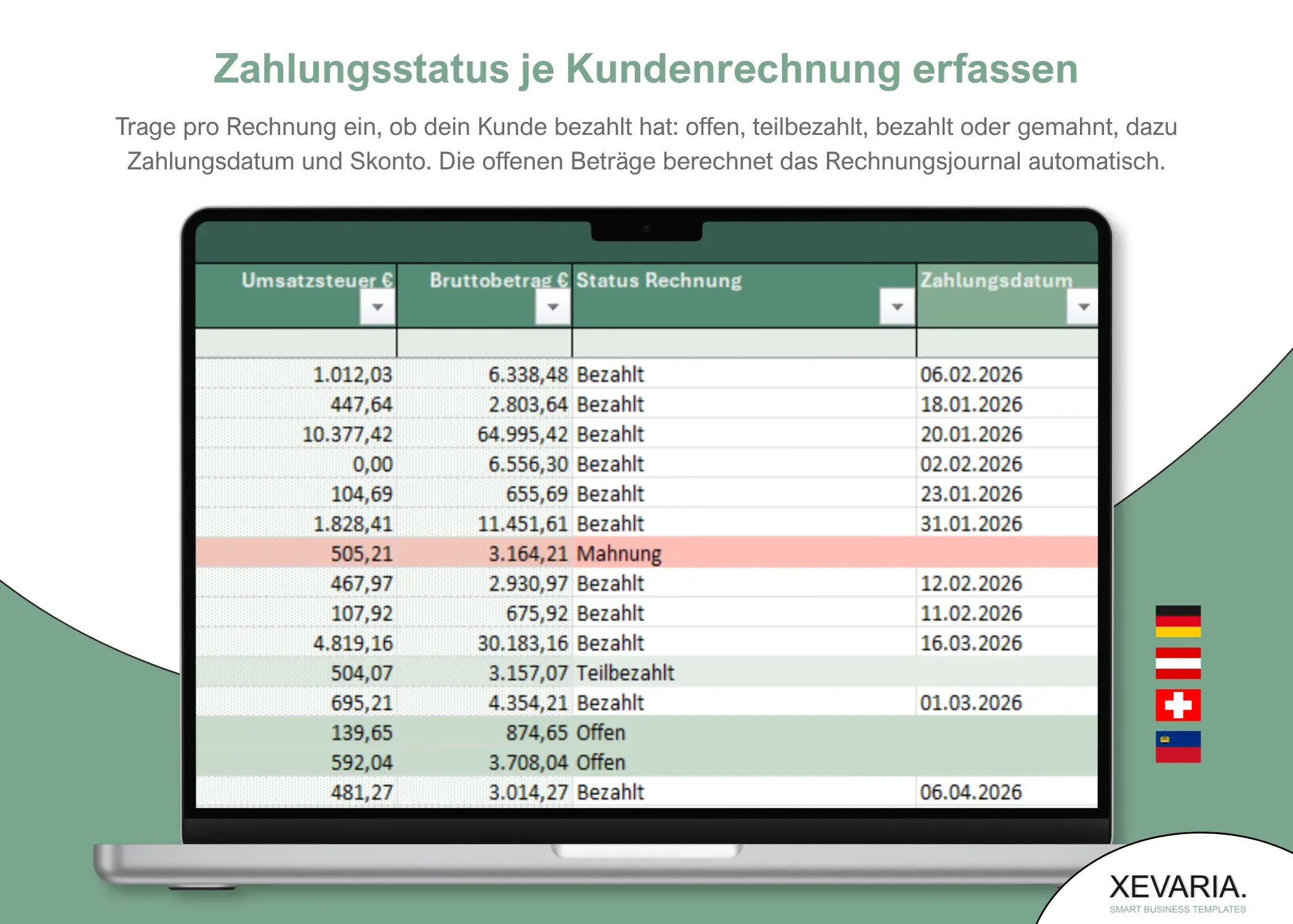 Zahlungsstatus in Excel erfassen: offen, teilbezahlt, bezahlt oder gemahnt je Kundenrechnung mit Zahlungsdatum