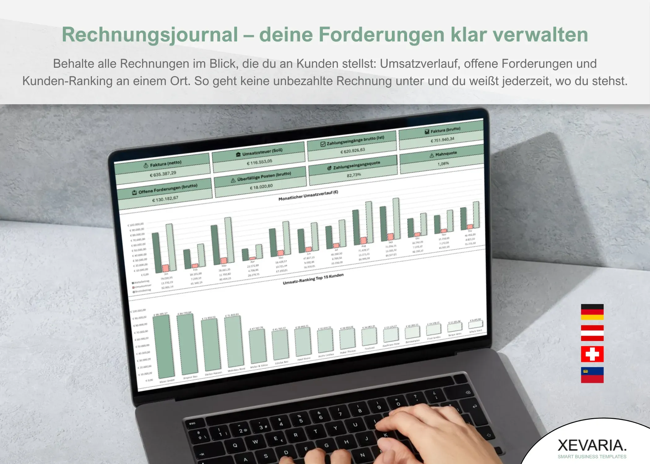 Rechnungsjournal Excel Vorlage am Laptop: Forderungen, Umsatzverlauf und Kunden-Ranking im Büroalltag